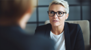 A blonde woman interviews a potential candidate.